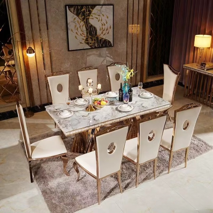 Luxury Dining Set – Stainless Steel & Genuine Leather Chairs with Marble Table