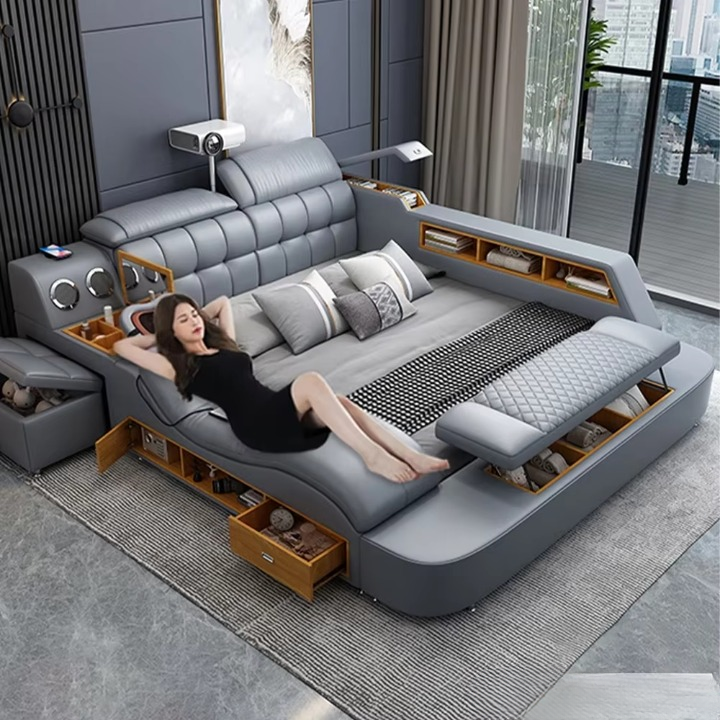 Luxury Smart King Bed – Genuine Leather, Bluetooth, Massage & Storage
