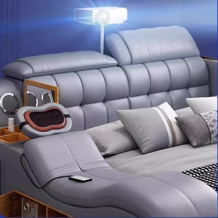 Luxury Smart King Bed – Genuine Leather, Bluetooth, Massage & Storage