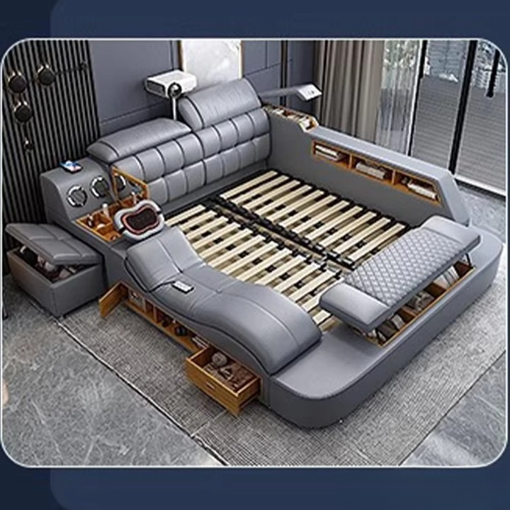 Luxury Smart King Bed – Genuine Leather, Bluetooth, Massage & Storage