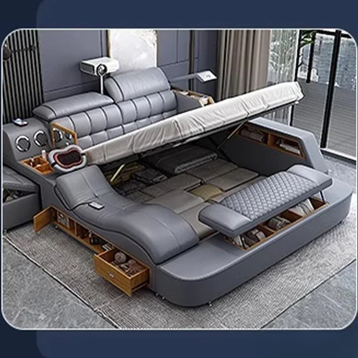 Luxury Smart King Bed – Genuine Leather, Bluetooth, Massage & Storage