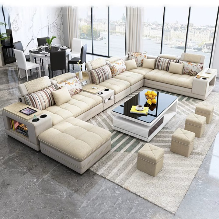 Luxury U-Shaped Sectional Sofa – Fabric, Storage, Cup Holders & Ottoman