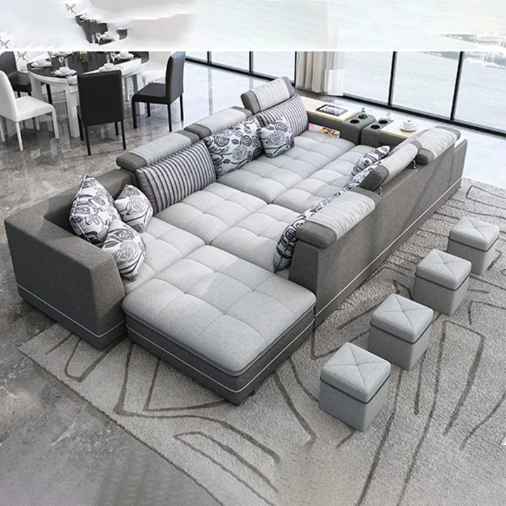 Luxury U-Shaped Sectional Sofa – Fabric, Storage, Cup Holders & Ottoman