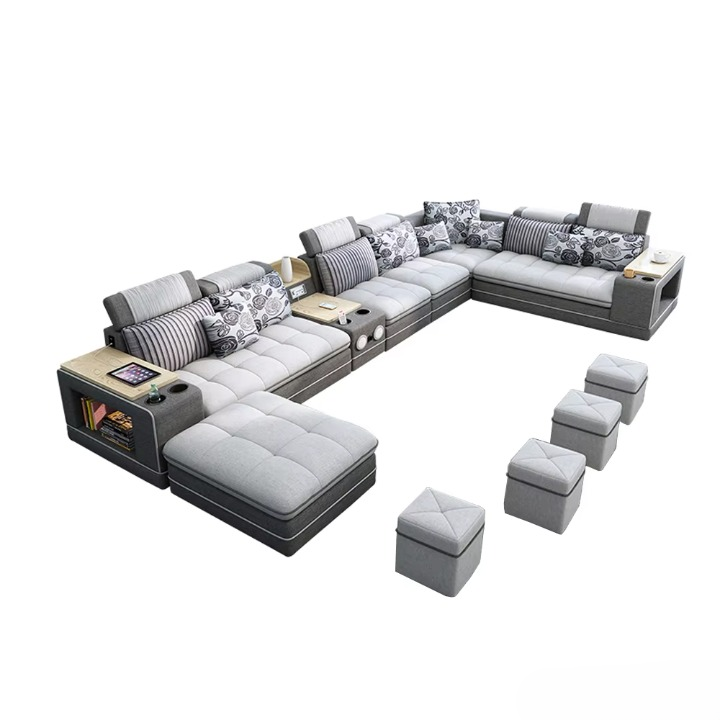 Luxury U-Shaped Sectional Sofa – Fabric, Storage, Cup Holders & Ottoman