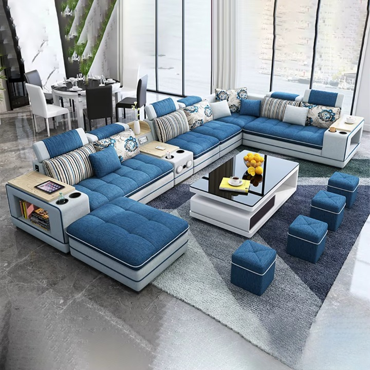 Luxury U-Shaped Sectional Sofa – Fabric, Storage, Cup Holders & Ottoman
