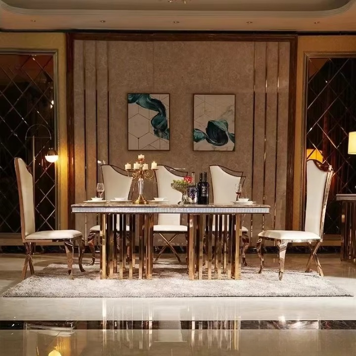 Luxury Dining Set – Stainless Steel & Genuine Leather Chairs with Marble Table