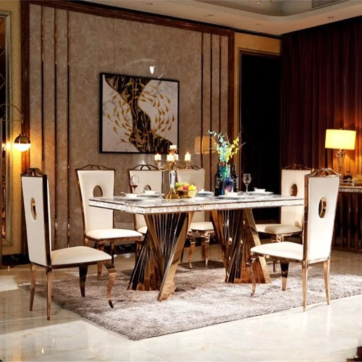 Luxury Dining Set – Stainless Steel & Genuine Leather Chairs with Marble Table