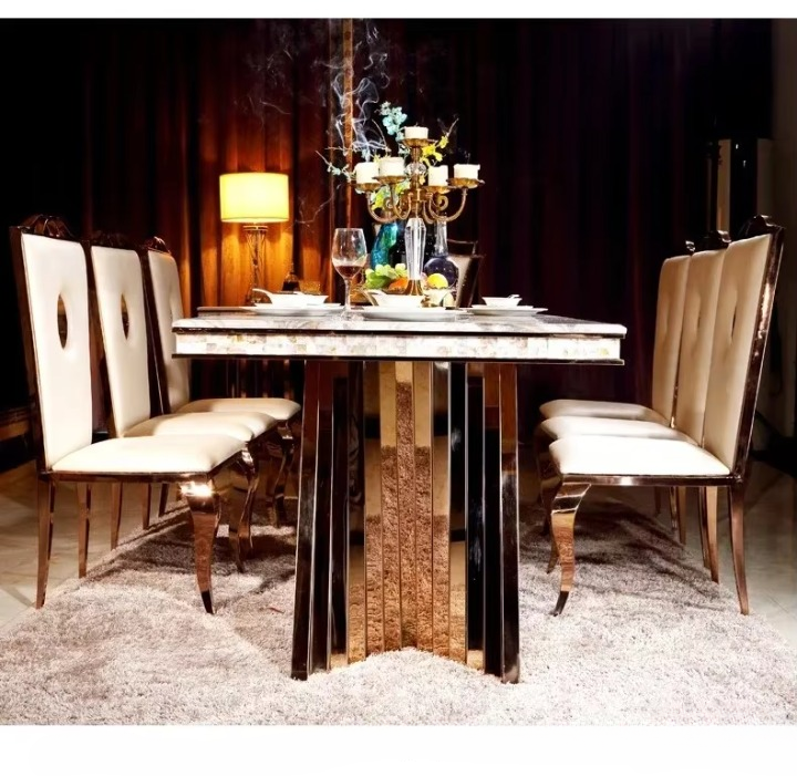 Luxury Dining Set – Stainless Steel & Genuine Leather Chairs with Marble Table
