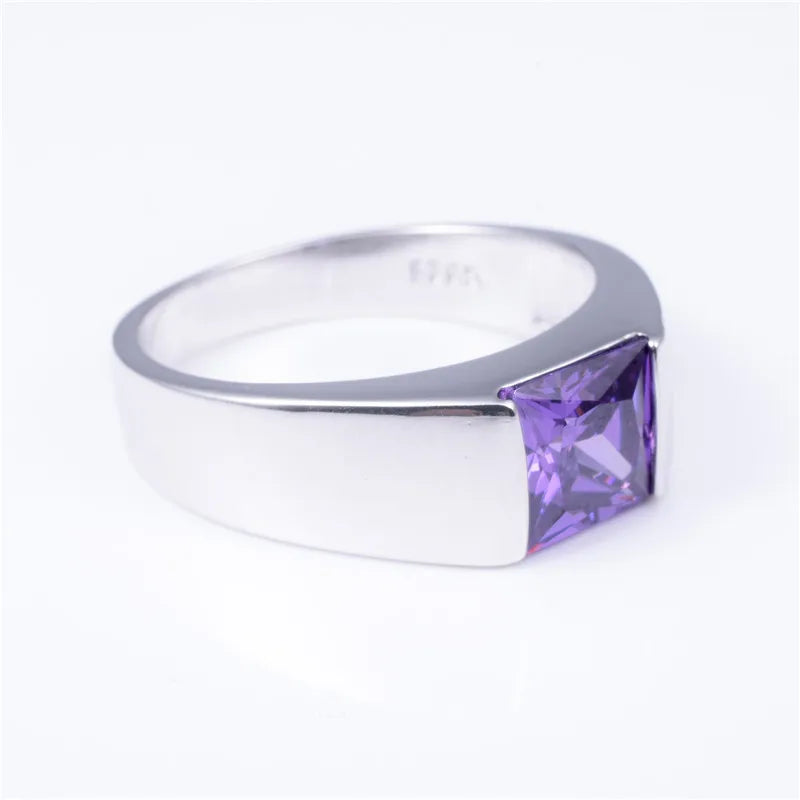 Men's Square Sapphire Solitaire Ring – 925 Sterling Silver | Multi-Color | Sizes 8–13