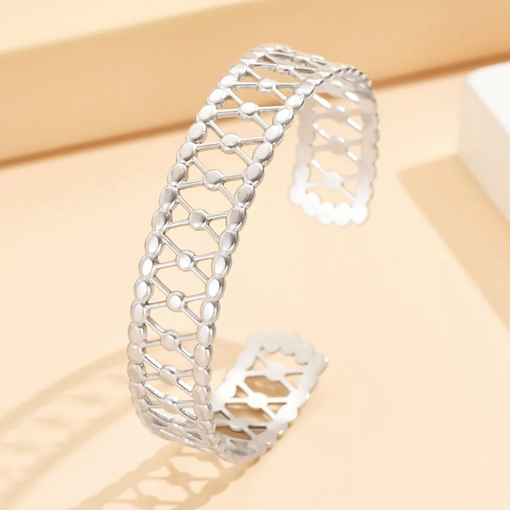 Hollow Geometric Lines Open Cuff Bangle – Vintage Gold Stainless Steel for Women
