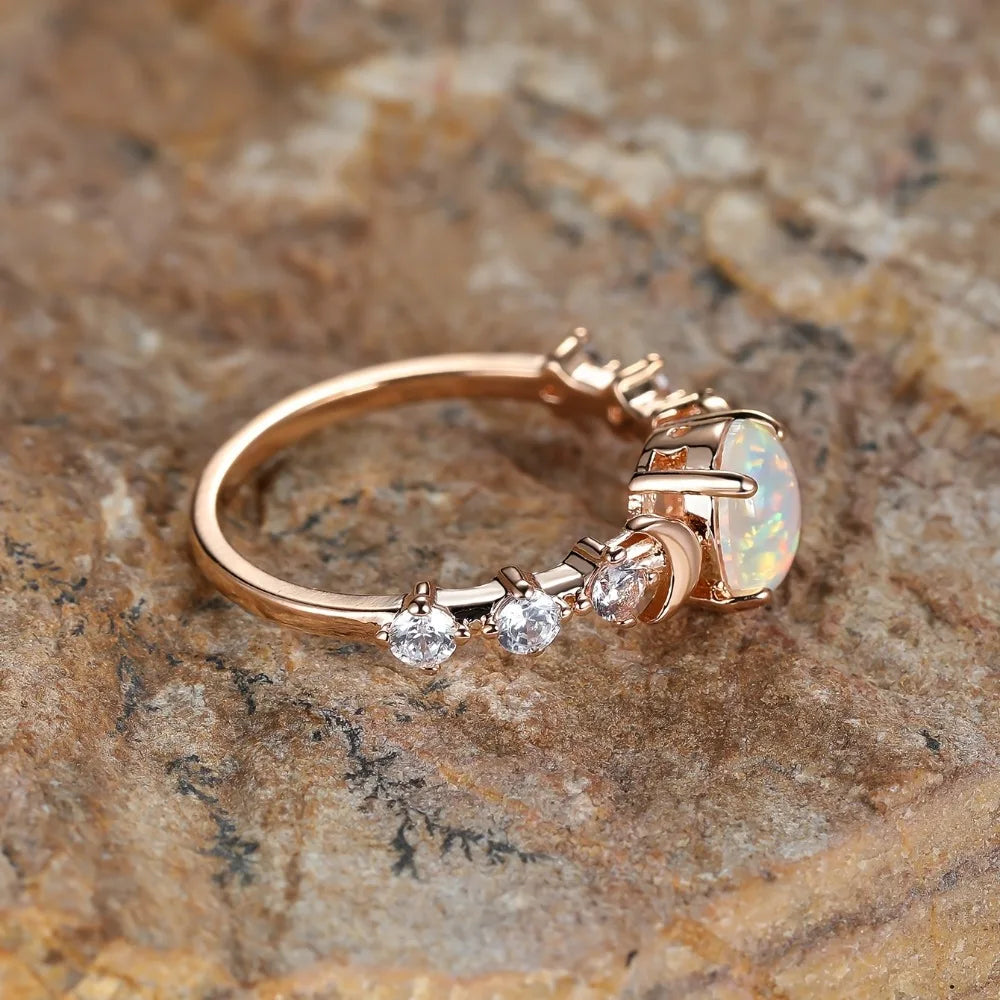 Rainbow Opal Moon Ring – 14K Rose Gold Plated Vintage Oval Stone Engagement Ring