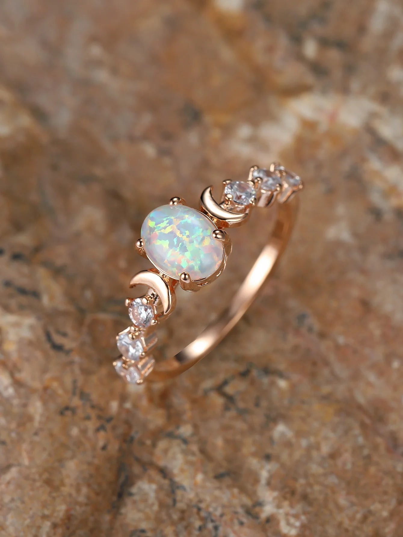 Rainbow Opal Moon Ring – 14K Rose Gold Plated Vintage Oval Stone Engagement Ring