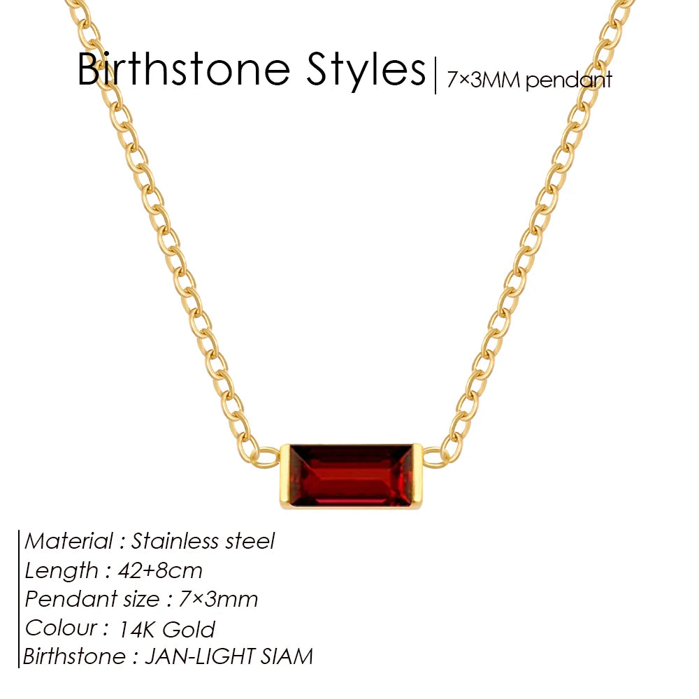 Birthstone Necklace – 12 Month Rectangle Charm 14K Gold Stainless Steel