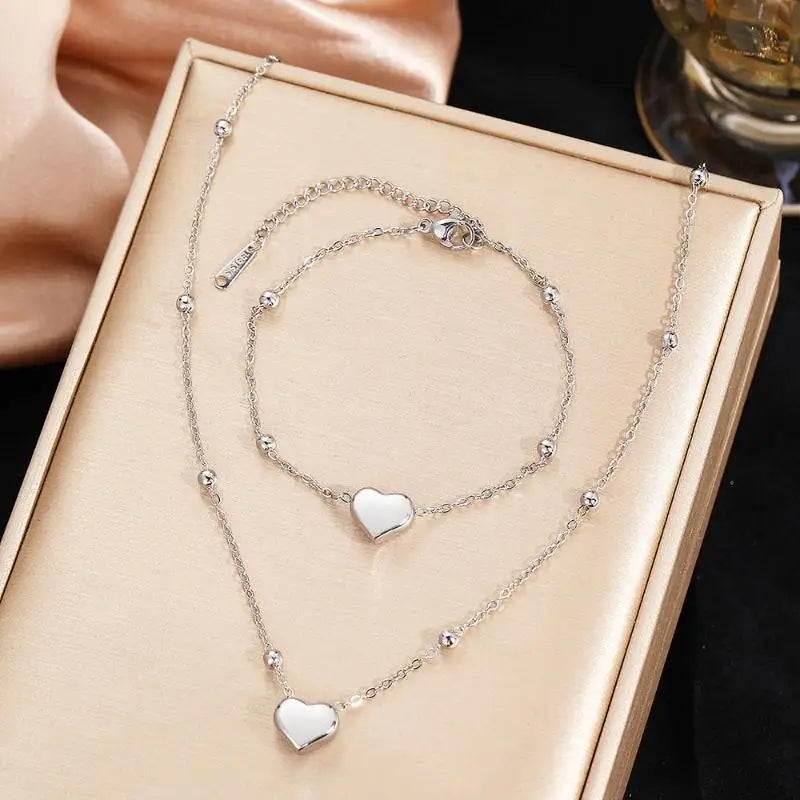 Heart Pendant Jewelry Set – Necklace, Bracelet & Earrings