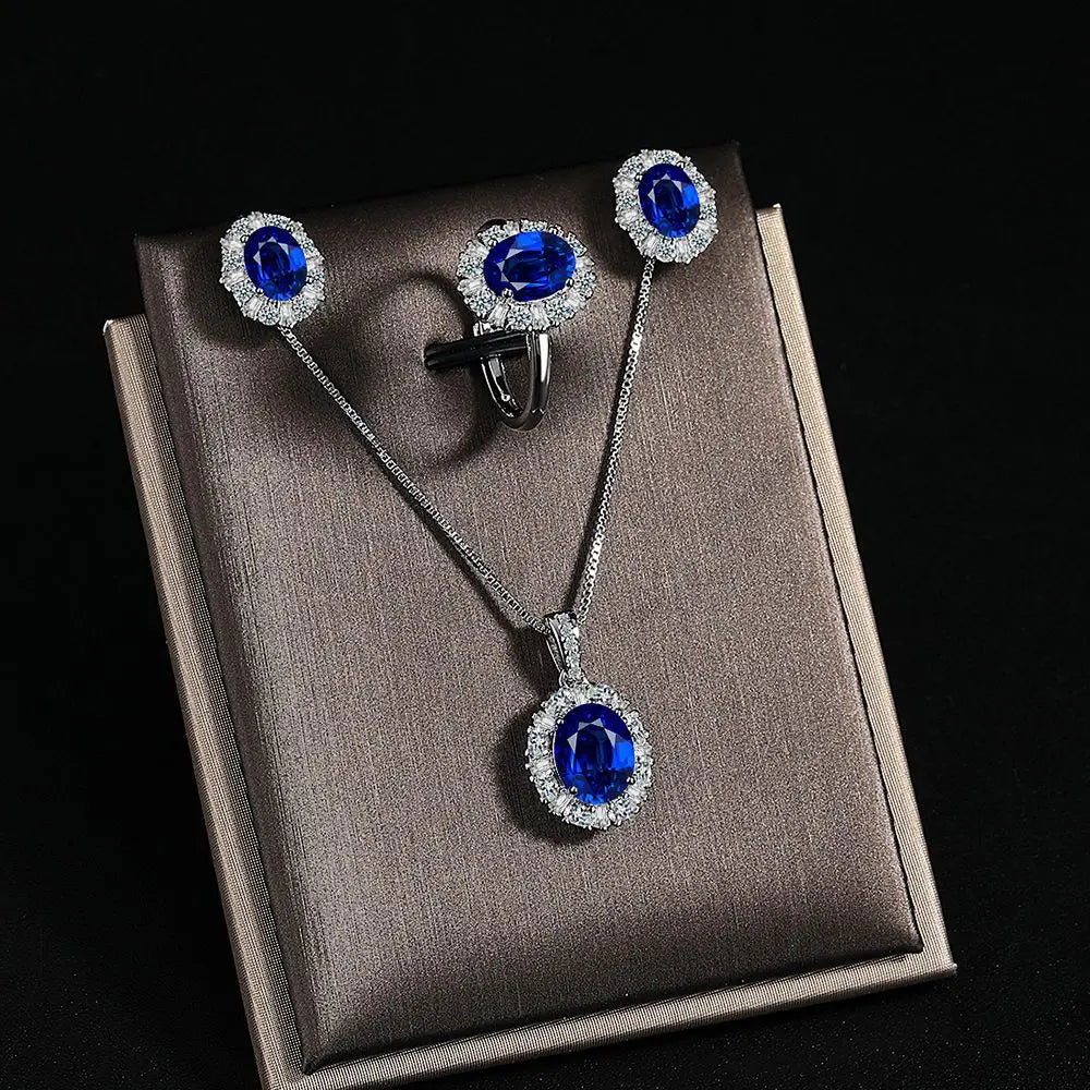 Blue Sapphire Jewelry Set – 925 Sterling Silver Necklace, Earrings & Ring for Women