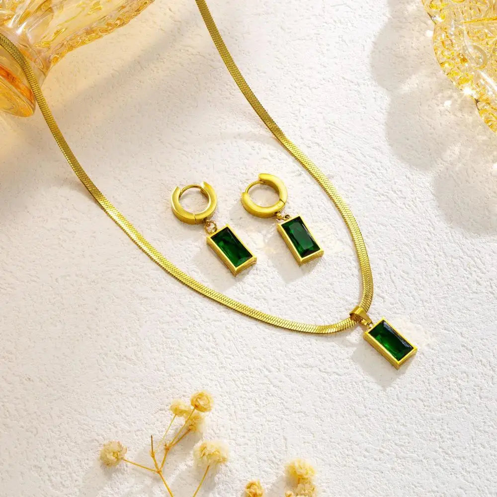 Green Crystal Zircon Jewelry Set – Stainless Steel Necklace & Earrings for Women