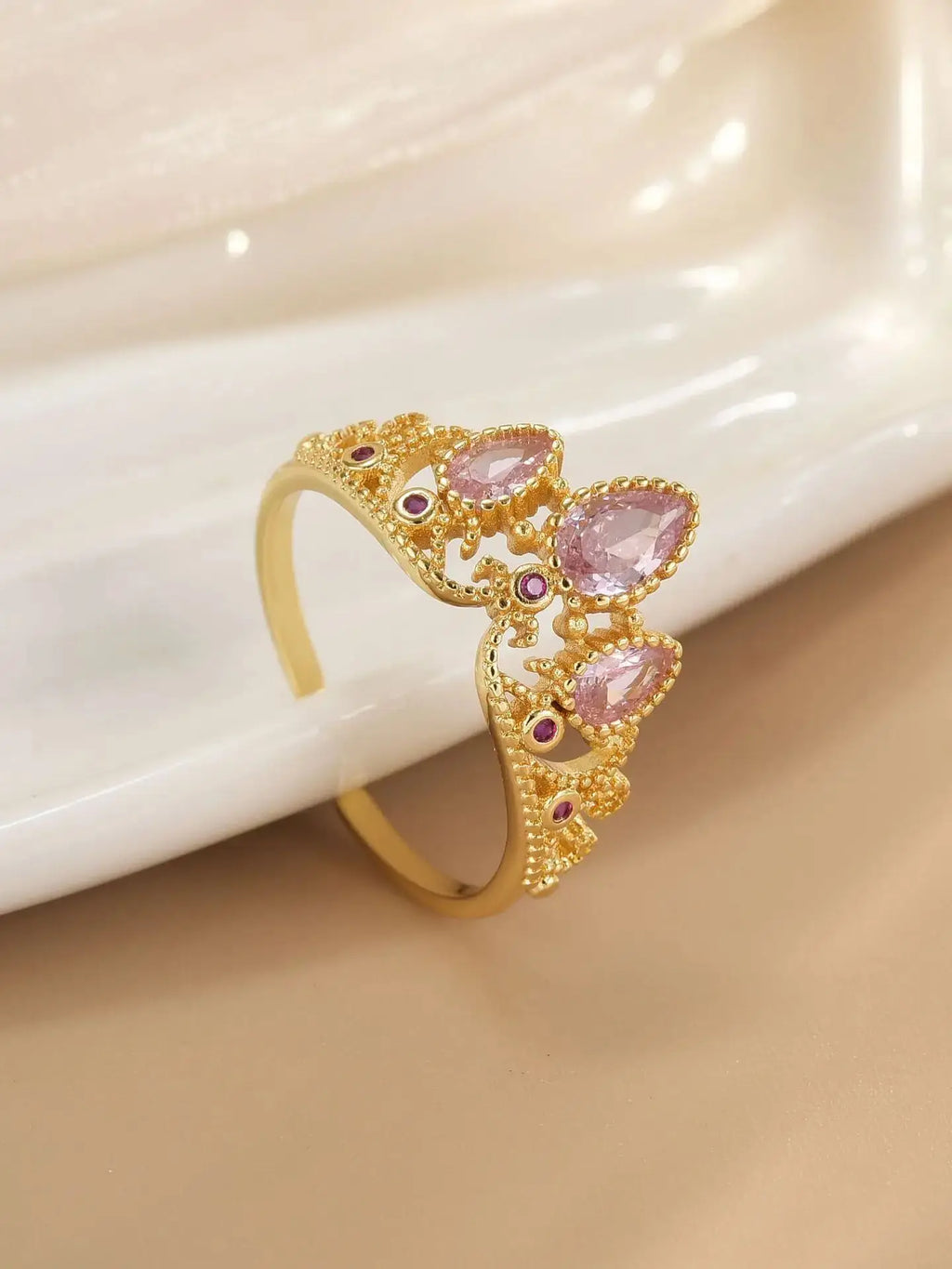 Princess Crown Ring – Gold Plated Adjustable Crystal Ring for Women