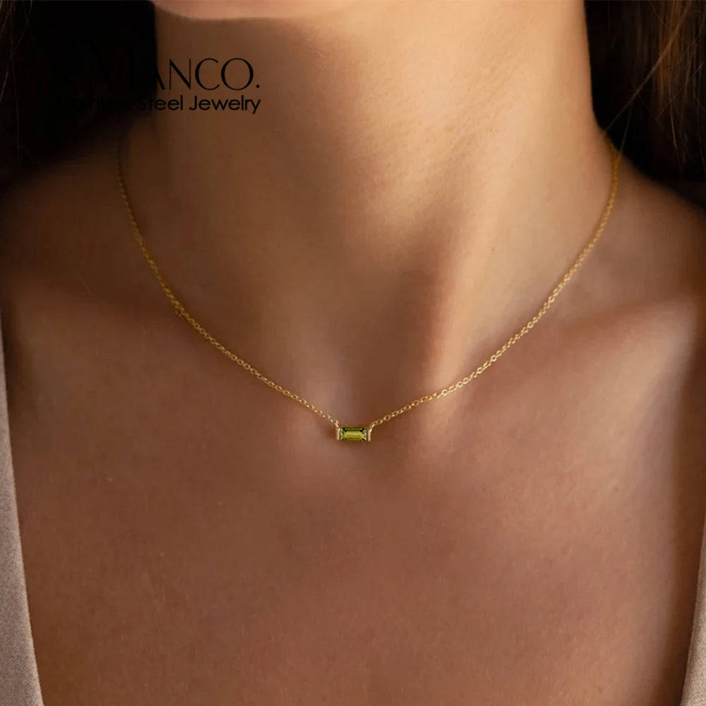 Birthstone Necklace – 12 Month Rectangle Charm 14K Gold Stainless Steel