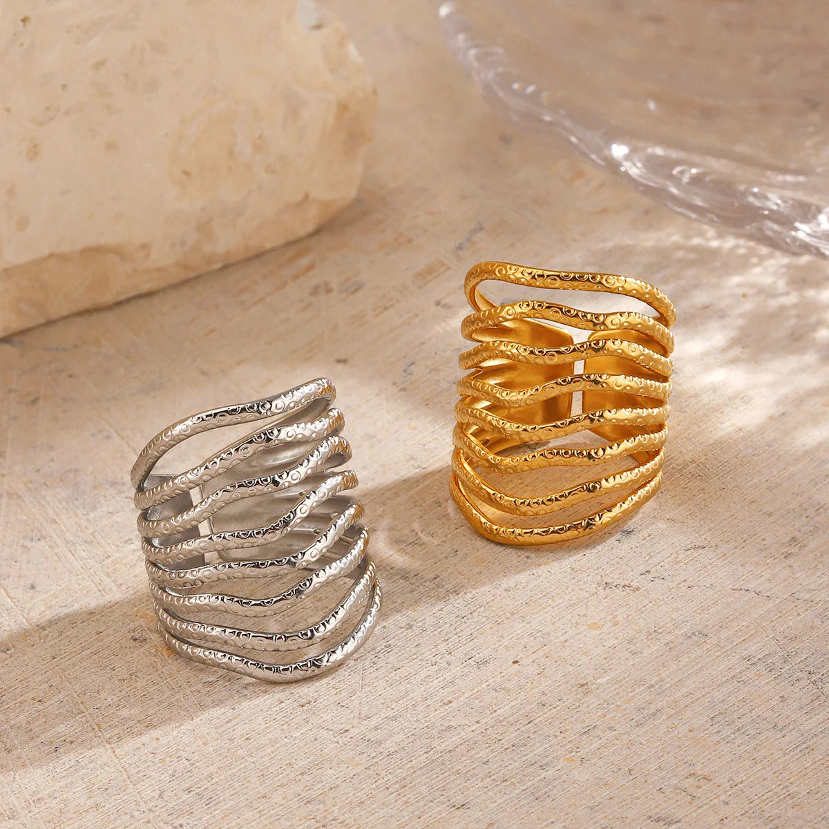 Multilayer Geometric Lines Open Ring – Gold Stainless Steel Adjustable Women’s Ring