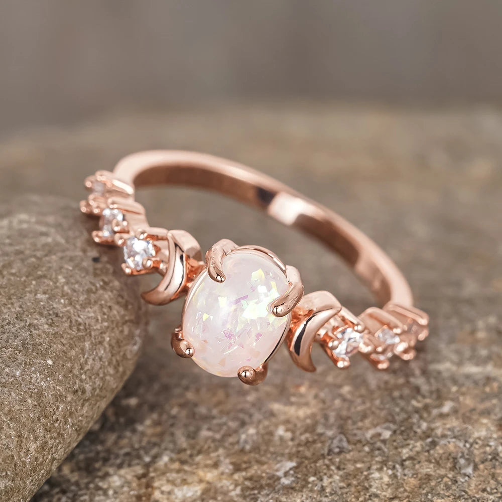 Rainbow Opal Moon Ring – 14K Rose Gold Plated Vintage Oval Stone Ring