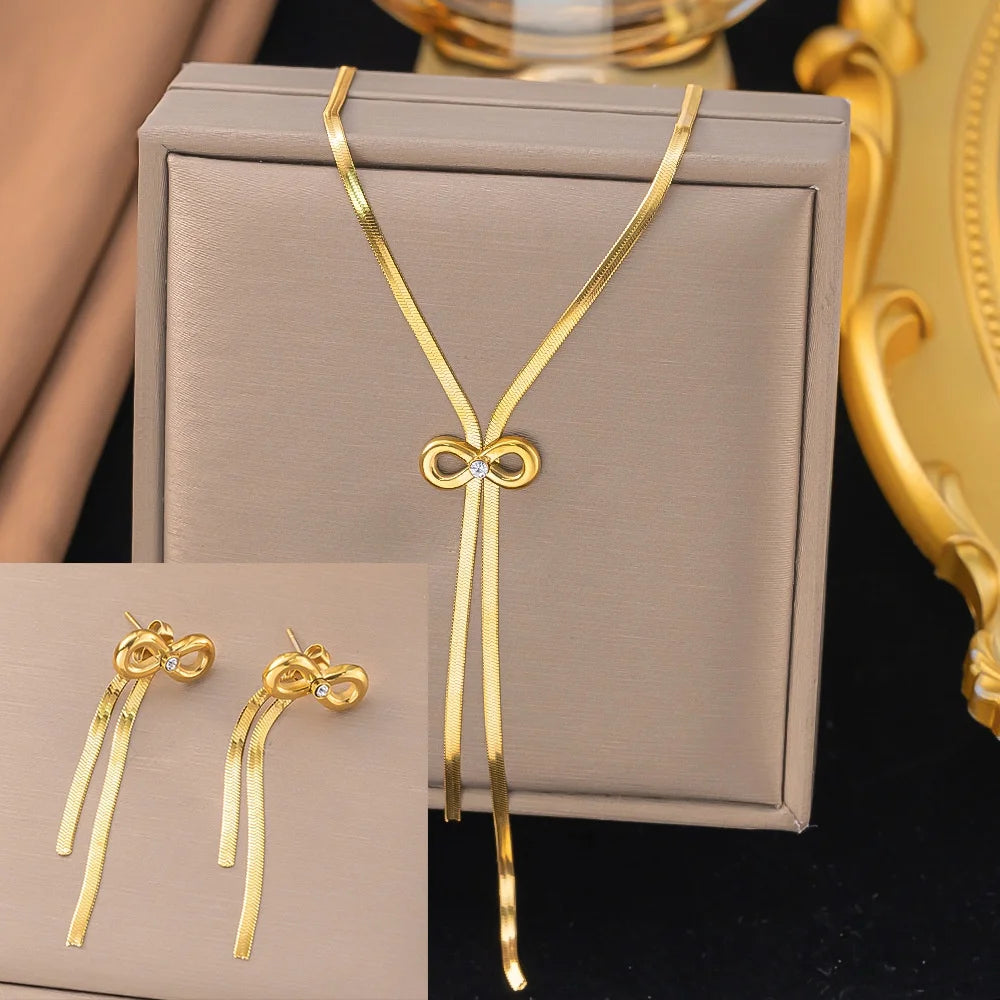 Bowknot Tassel Jewelry Set – Gold Necklace & Earrings