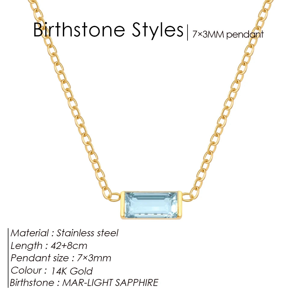 Birthstone Necklace – 12 Month Rectangle Charm 14K Gold Stainless Steel