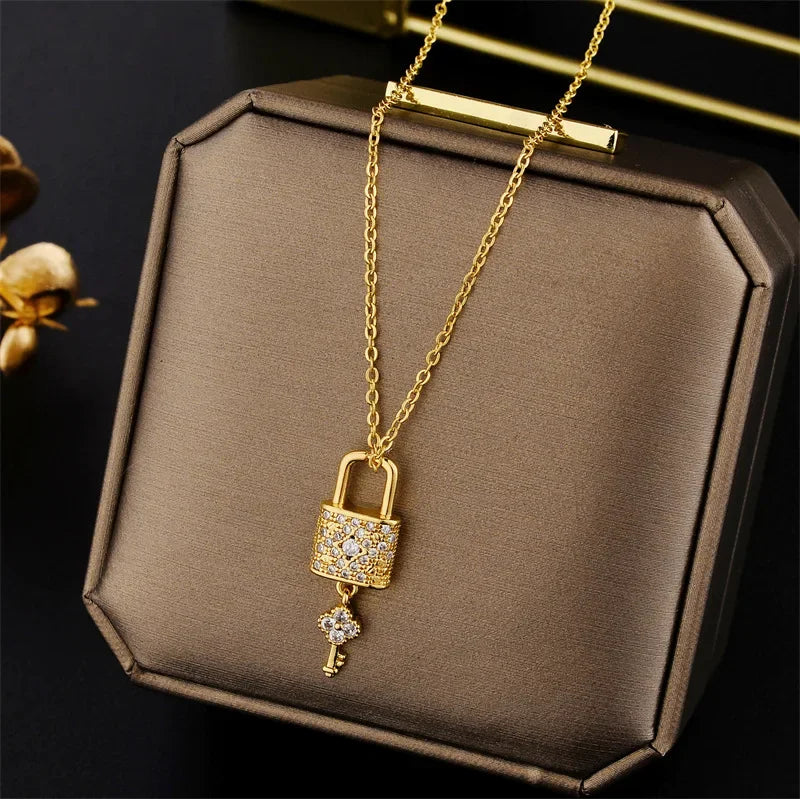 Bow Lock LOVE Zircon Pendant Necklace – Stainless Steel Clavicle Chain for Women