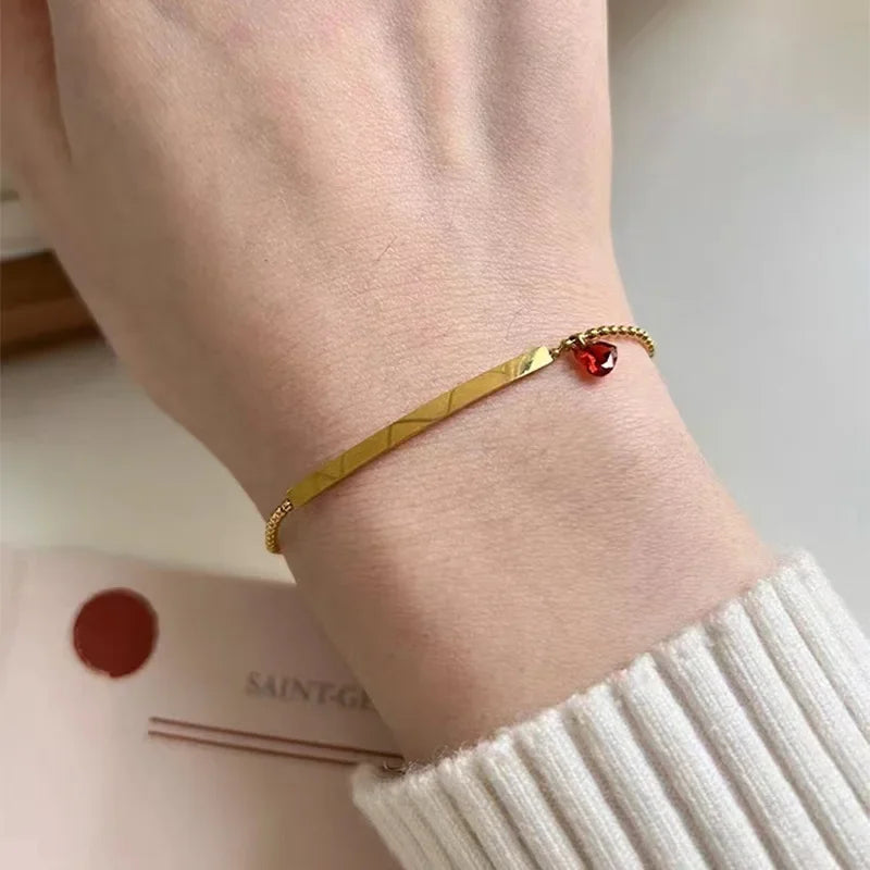 Red Love Heart Bead Bracelet – Gold Stainless Steel Wrist Chain for Women
