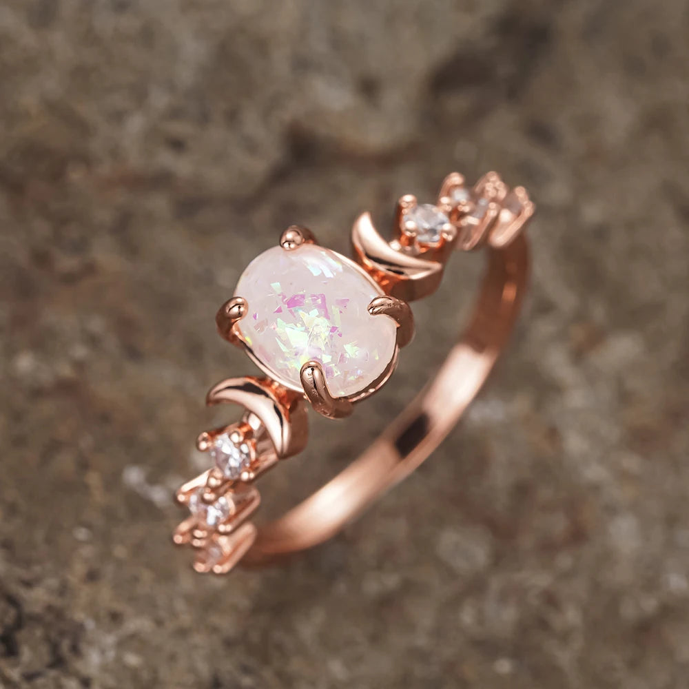 Rainbow Opal Moon Ring – 14K Rose Gold Plated Vintage Oval Stone Ring