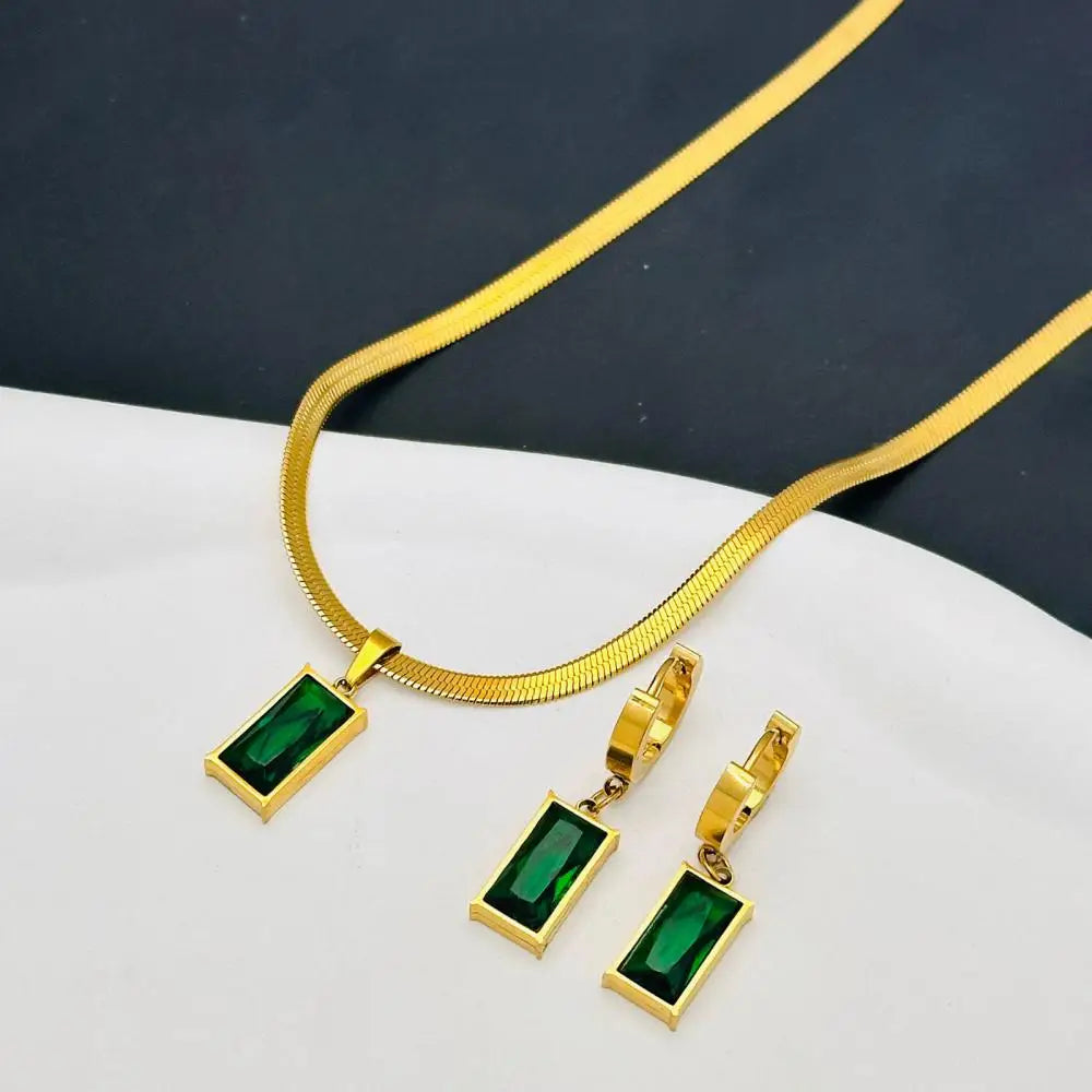 Green Crystal Zircon Jewelry Set – Stainless Steel Necklace & Earrings for Women