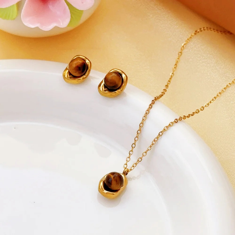 Tiger’s Eye Pendant Jewelry Set – Maillard Style Stainless Steel Necklace & Earrings