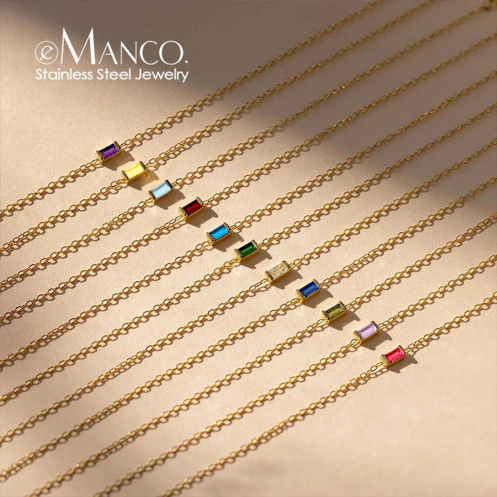Birthstone Necklace – 12 Month Rectangle Charm 14K Gold Stainless Steel