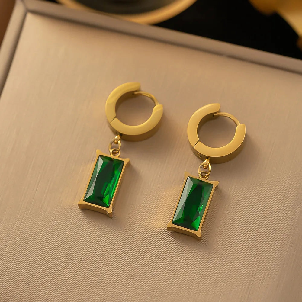 Green Crystal Zircon Jewelry Set – Stainless Steel Necklace & Earrings for Women