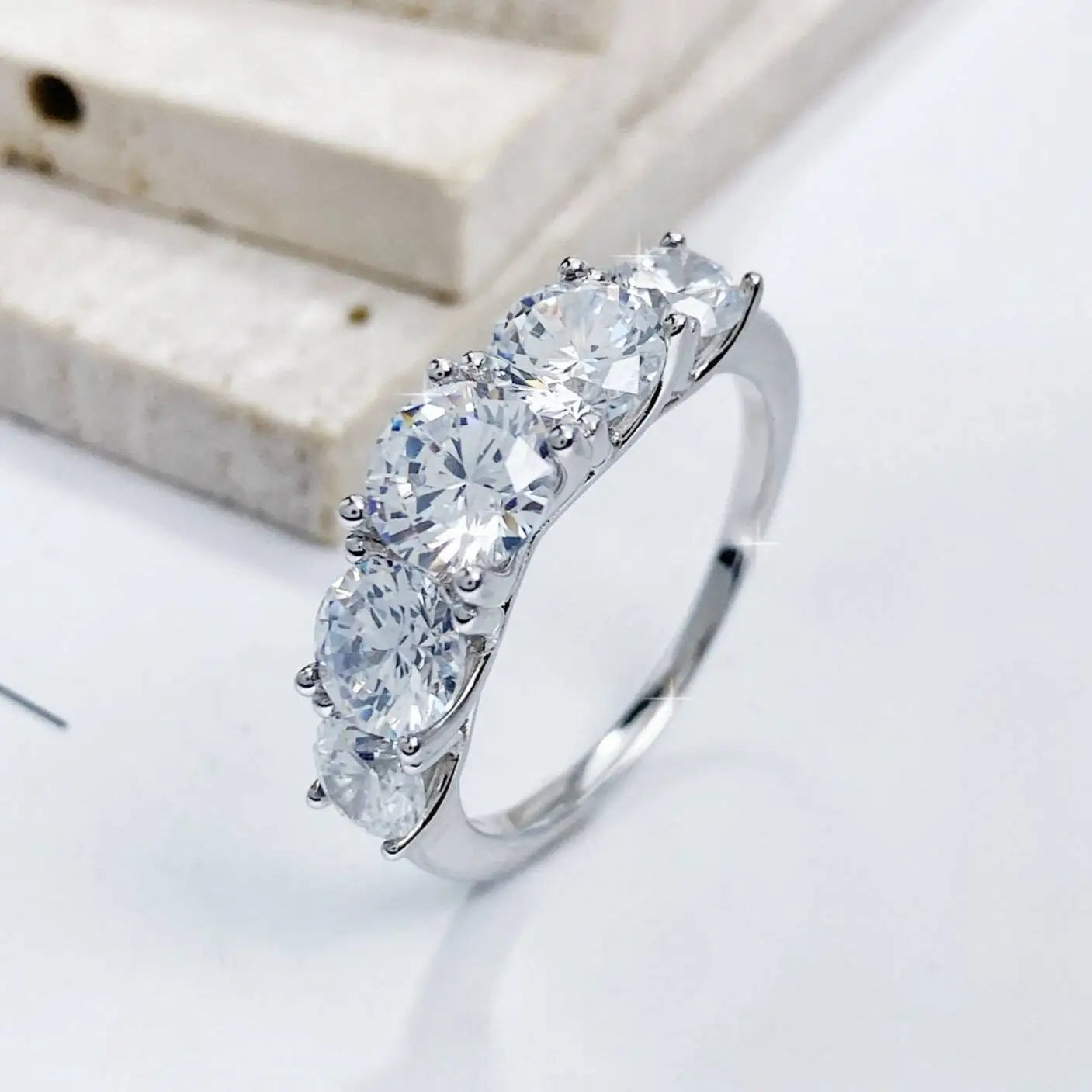 3.6CT Moissanite 5-Stone Wedding Ring – 925 Sterling Silver Sparkling Band for Women