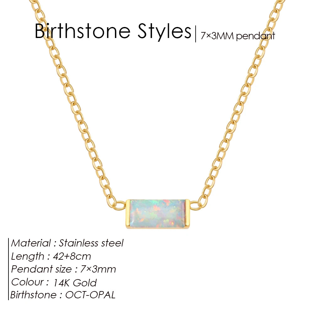 Birthstone Necklace – 12 Month Rectangle Charm 14K Gold Stainless Steel