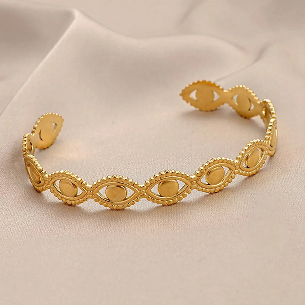 Evil Eye Open Cuff Bracelet – Gold & Silver Stainless Steel Minimalist Bangle