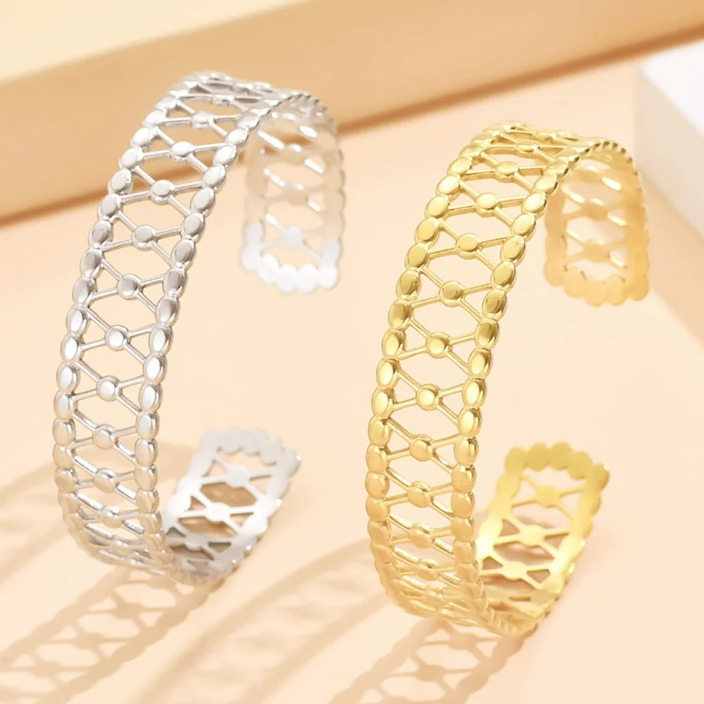 Hollow Geometric Lines Open Cuff Bangle – Vintage Gold Stainless Steel for Women