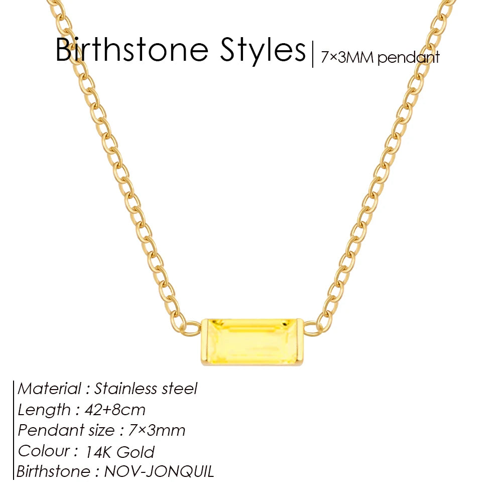 Birthstone Necklace – 12 Month Rectangle Charm 14K Gold Stainless Steel