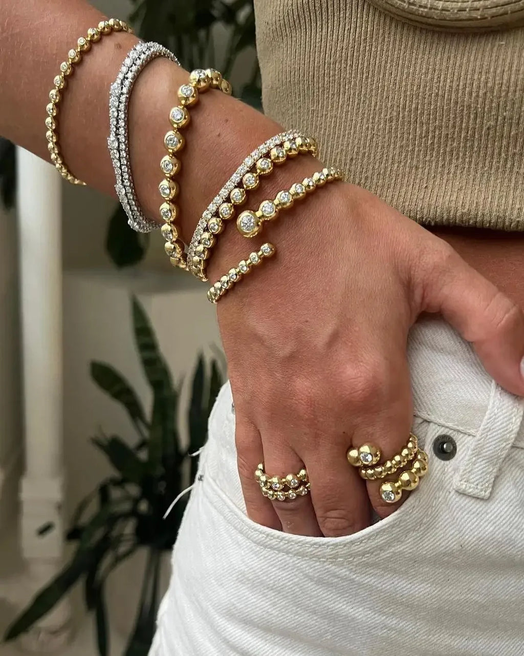 CZ Gold Jewelry Set – Bracelet, Bangle & Ring