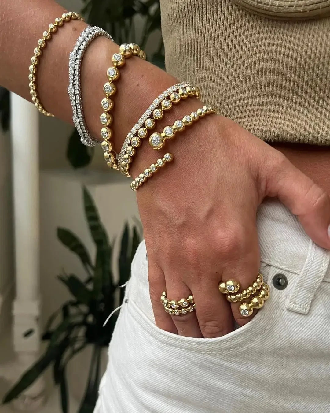 CZ Gold Jewelry Set – Bracelet, Bangle & Ring