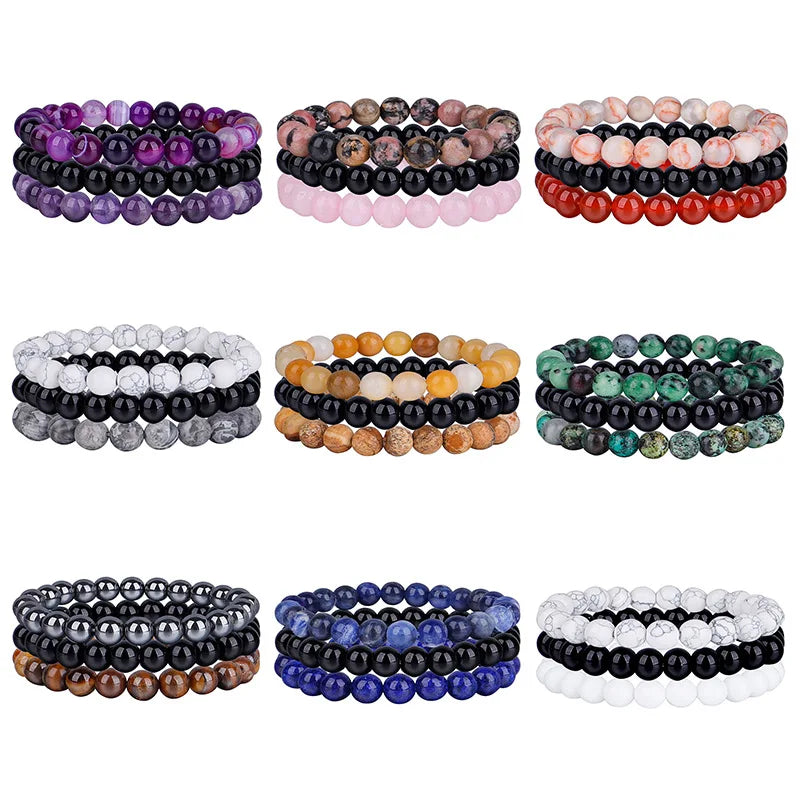 Natural Stone Bracelet Set – 8mm Healing Crystals, 3 Pieces