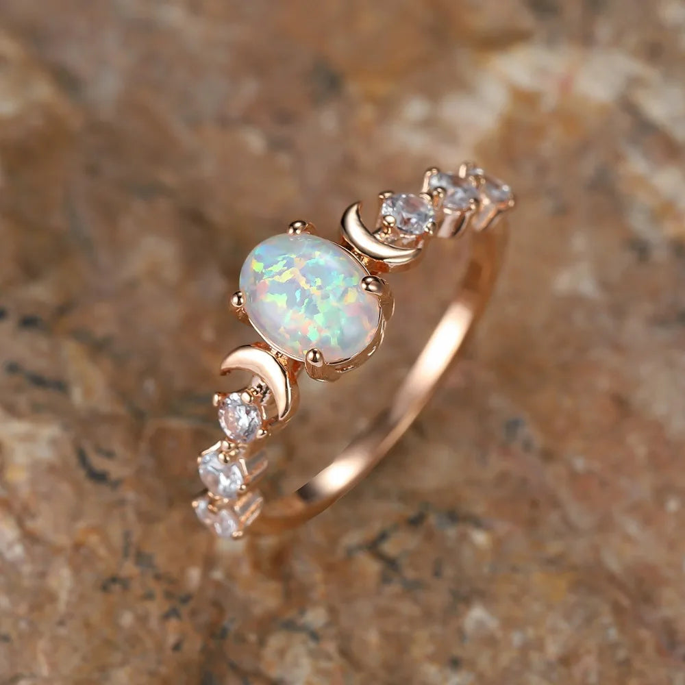 Rainbow Opal Moon Ring – 14K Rose Gold Plated Vintage Oval Stone Engagement Ring
