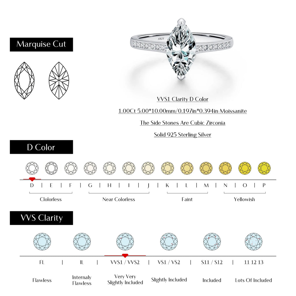Marquise Cut Moissanite Engagement Ring – 925 Sterling Silver | D Color VVS1