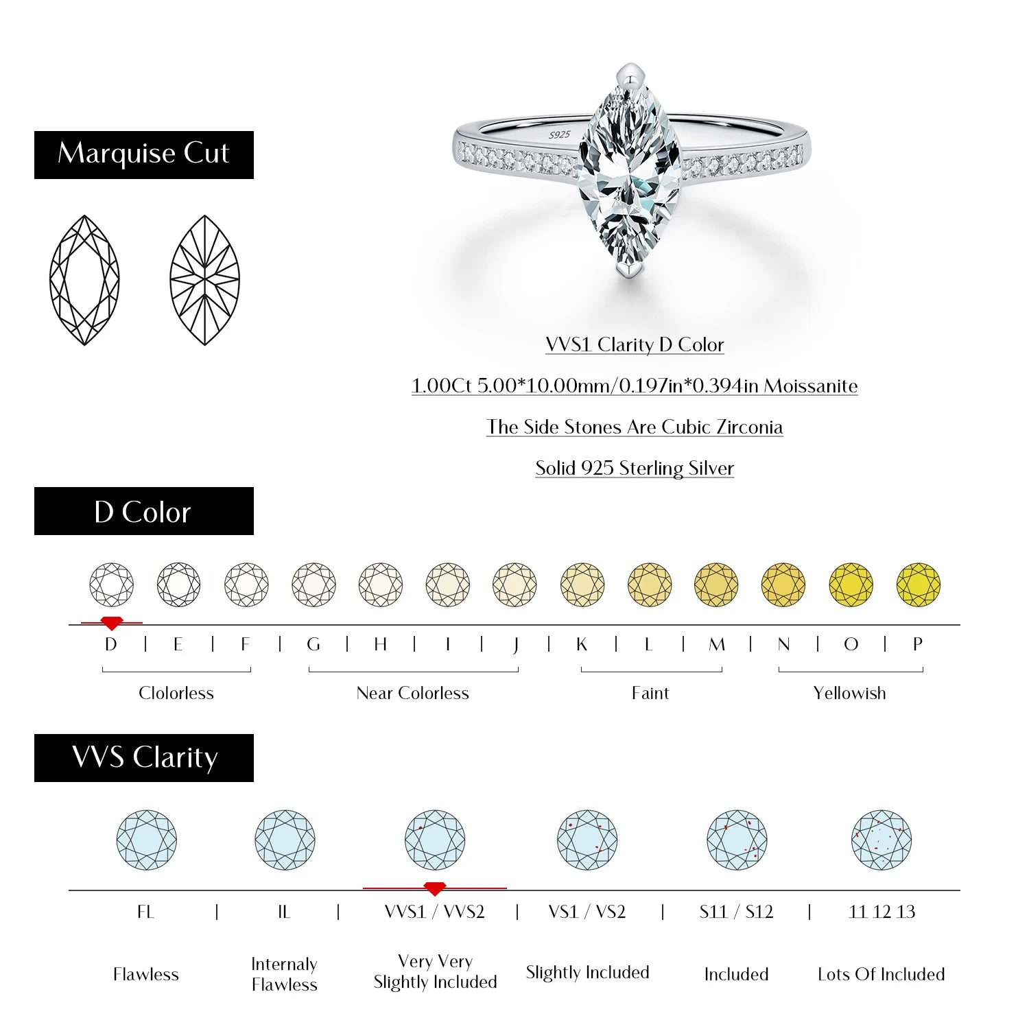 Marquise Cut Moissanite Engagement Ring – 925 Sterling Silver | D Color VVS1