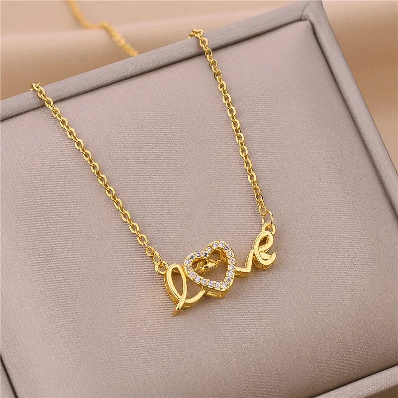Bow Lock LOVE Zircon Pendant Necklace – Stainless Steel Clavicle Chain for Women
