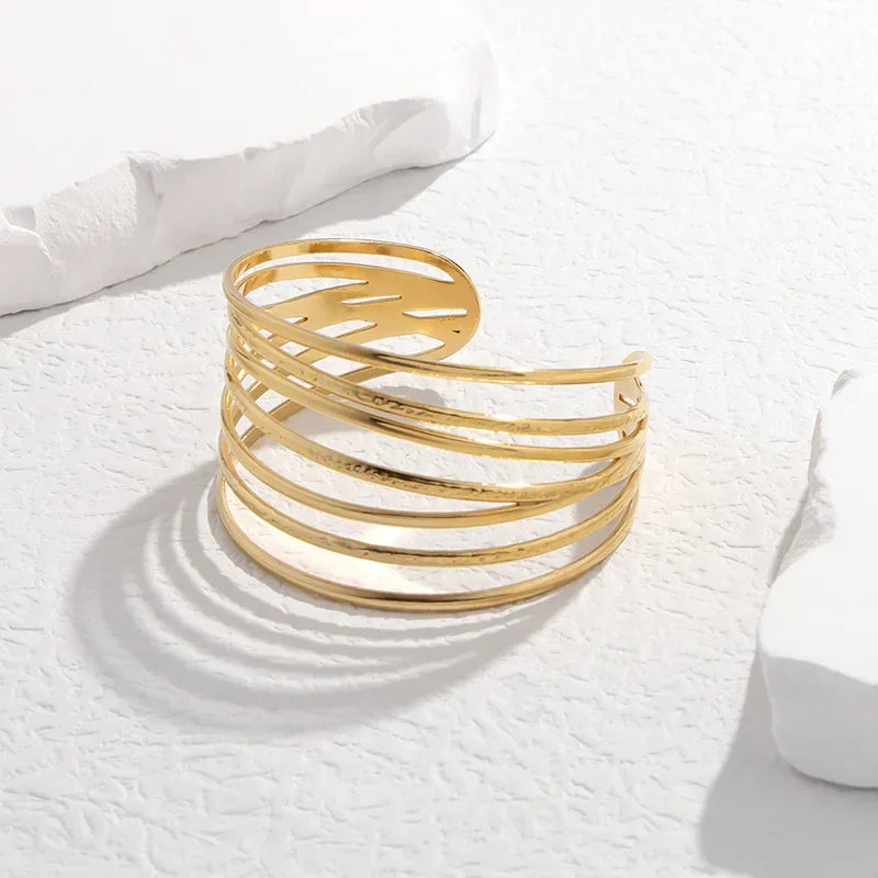 Geometric Lines Open Cuff Bracelet – 18K Gold Stainless Steel Adjustable Bangle