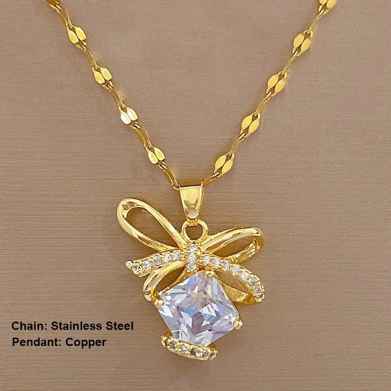 Bow Lock LOVE Zircon Pendant Necklace – Stainless Steel Clavicle Chain for Women