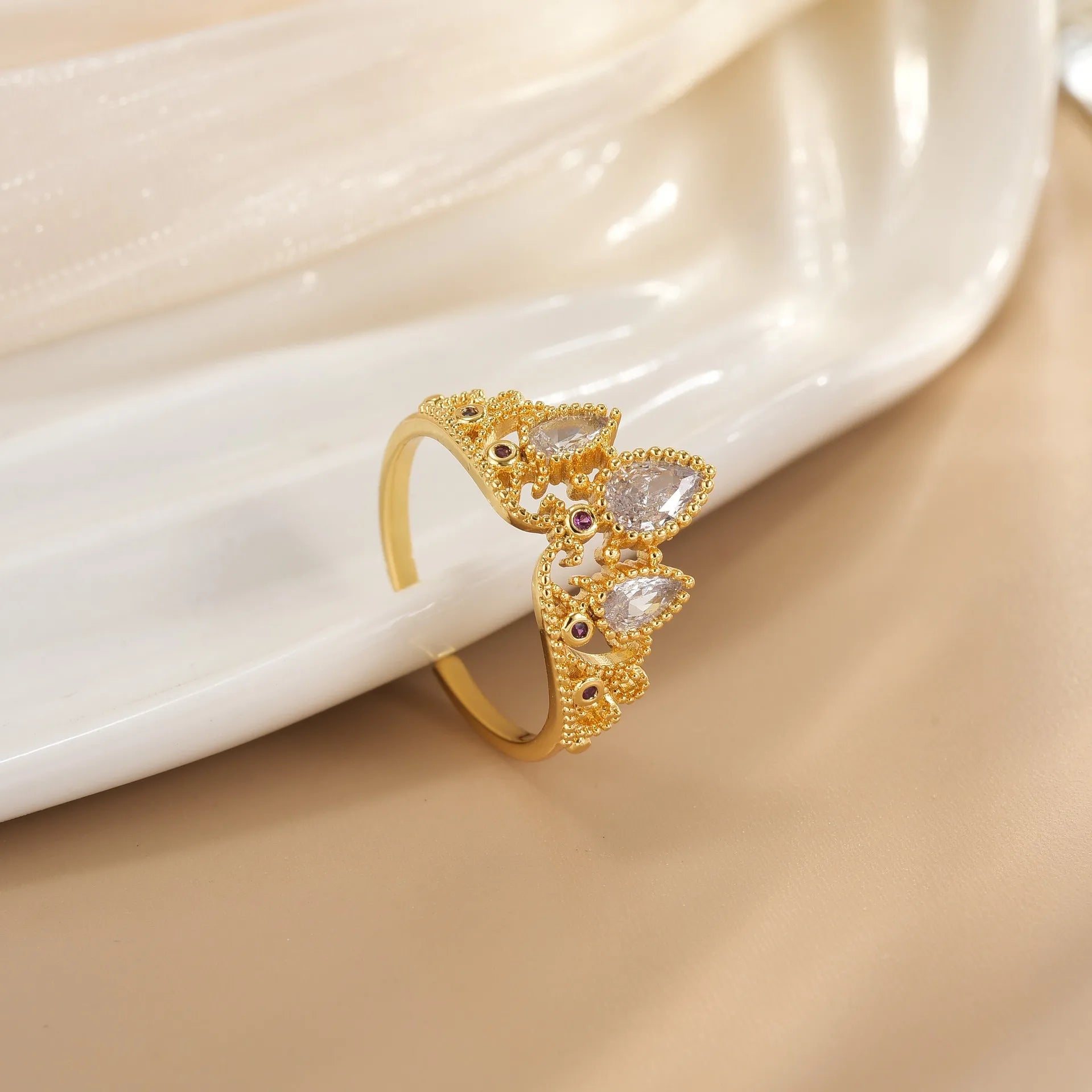 Princess Crown Ring – Gold Plated Adjustable Crystal Ring for Women