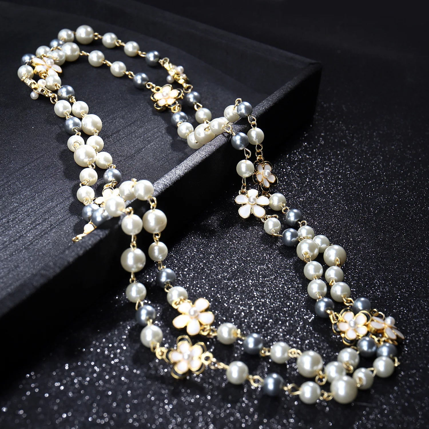 Vintage Camellia Pearl Double Layer Long Necklace – Elegant Women’s Jewelry