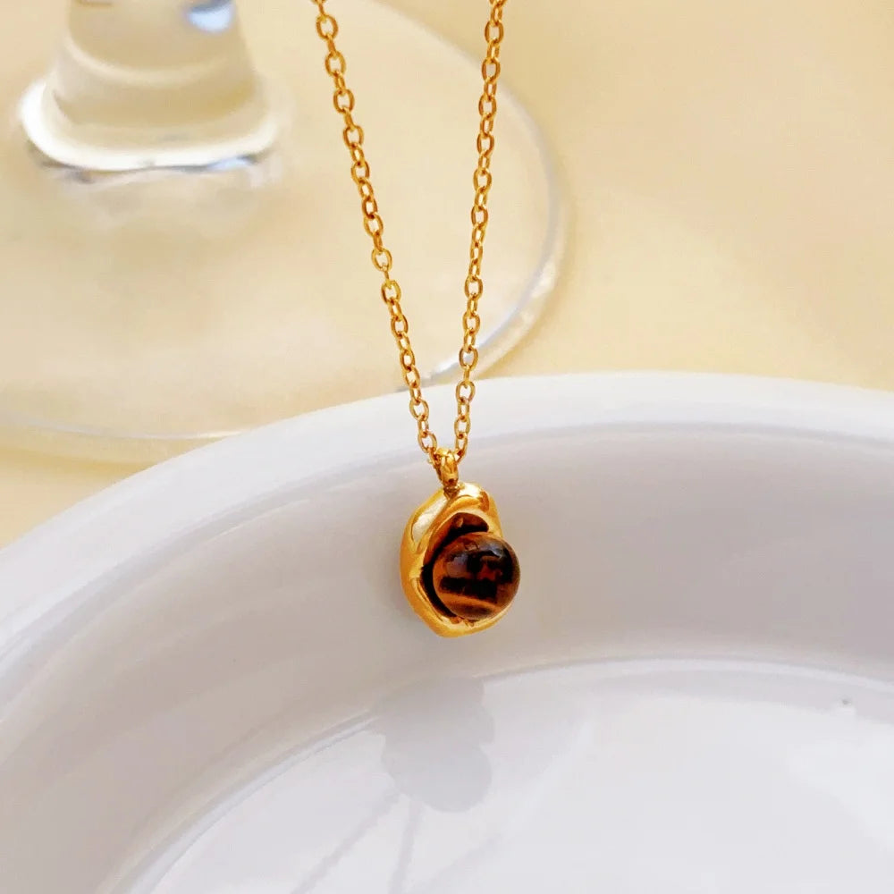 Tiger’s Eye Pendant Jewelry Set – Maillard Style Stainless Steel Necklace & Earrings